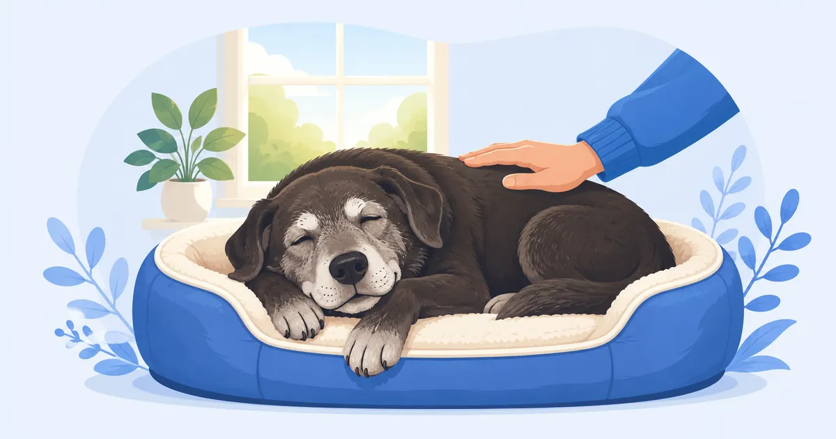 Illustration of a grey-muzzled older dog resting on an orthopedic bed by a sunlit window, with a caring hand on its back
