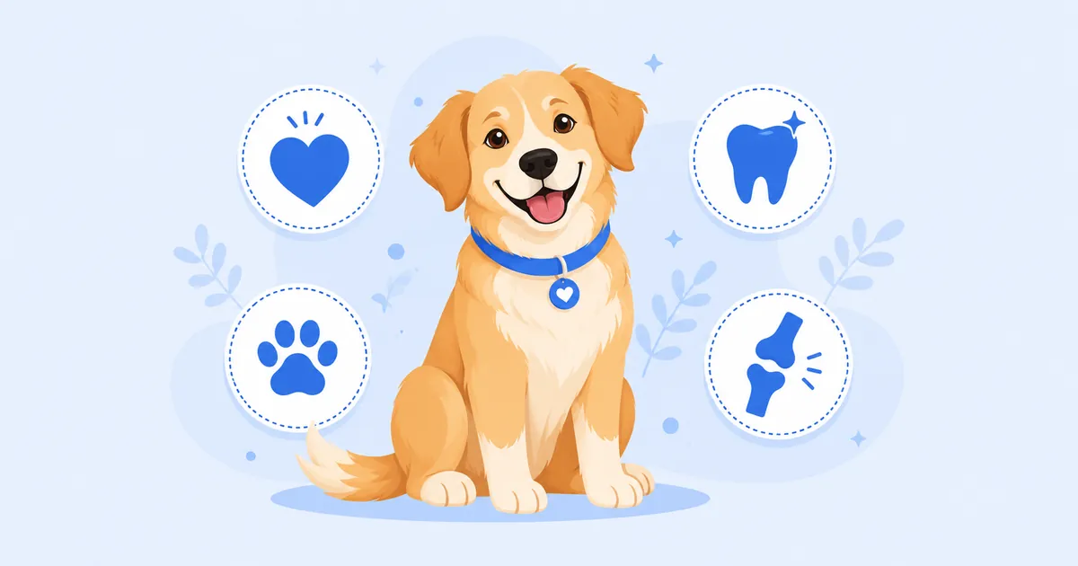 Illustration of a happy dog beside floating health symbols: a heart, a tooth, a paw, and a joint