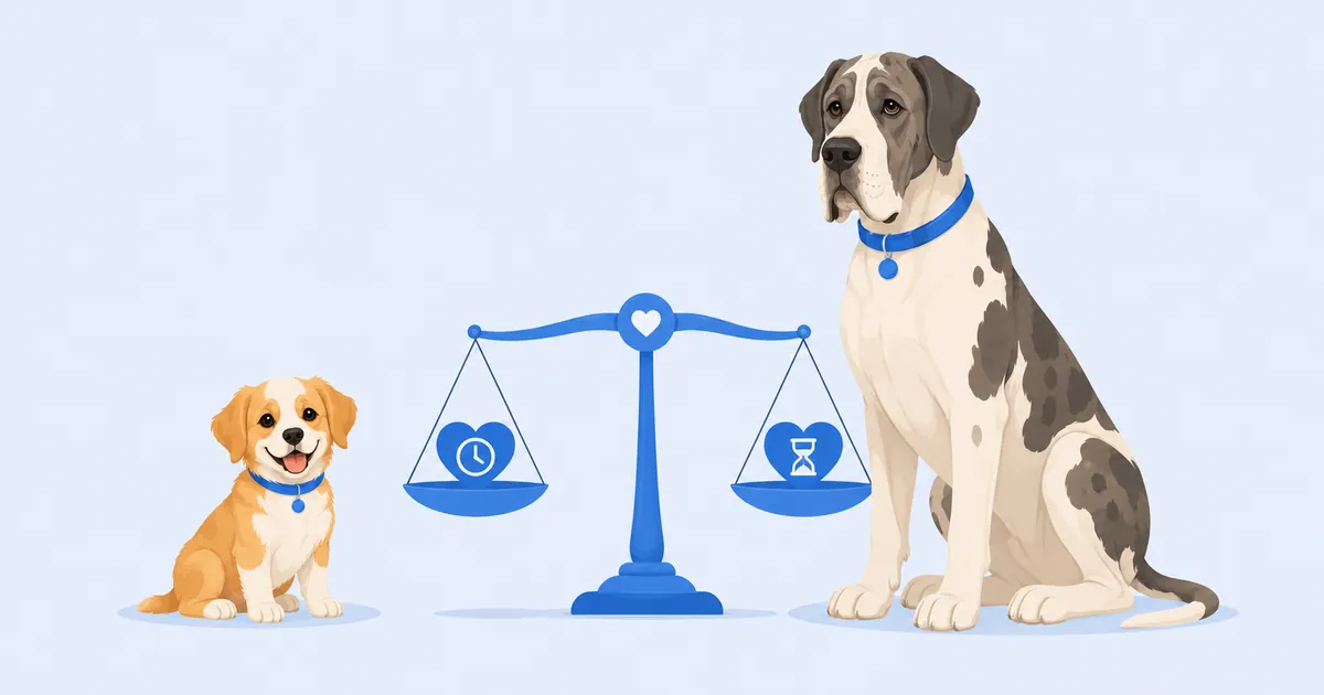 Illustration of a small dog and a giant dog sitting side by side with a balance-scale motif between them
