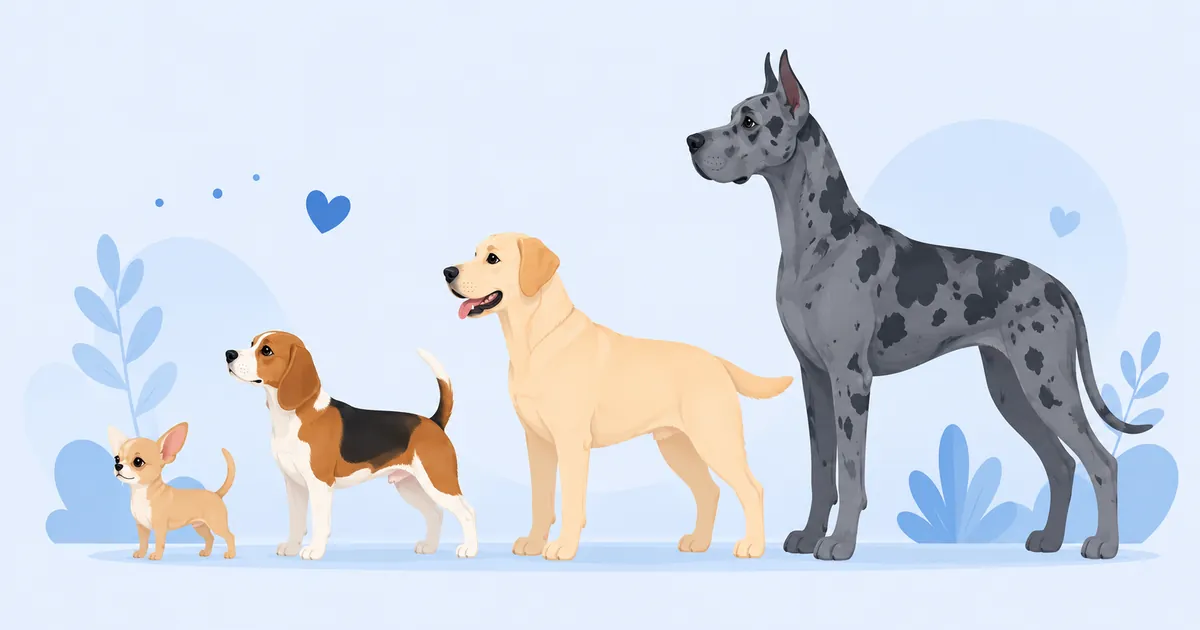 Illustration of four dog breeds lined up smallest to largest: Chihuahua, Beagle, Labrador Retriever, and Great Dane