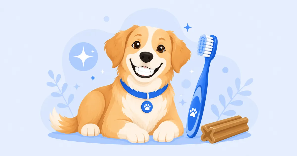 Illustration of a cheerful dog with clean teeth next to a toothbrush and a dental chew