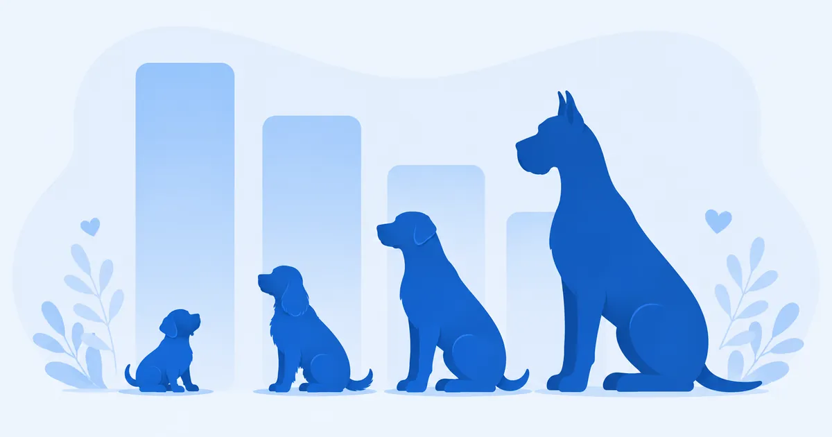 Illustration of four dog silhouettes from small to giant with descending bars suggesting shorter lifespans for bigger dogs