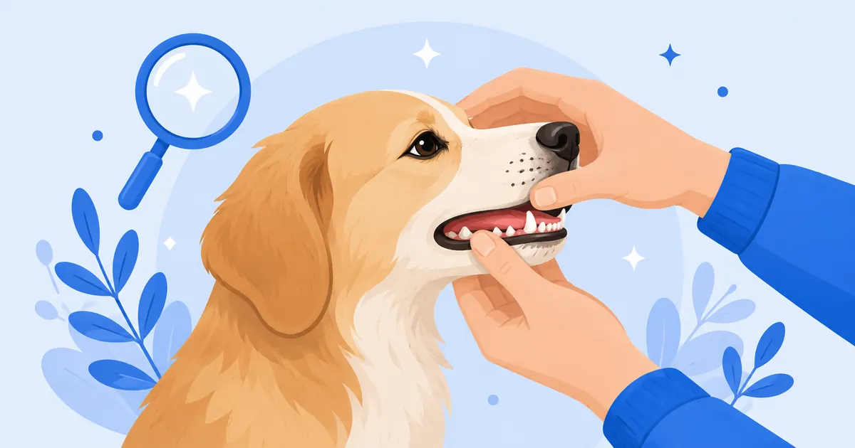 Illustration of gentle hands checking a calm dog's teeth and muzzle, with a magnifying-glass motif