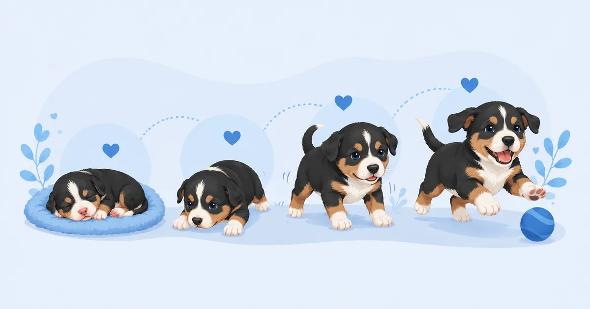 Illustration of puppies at four early milestones, from sleepy newborn to bouncy playing puppy
