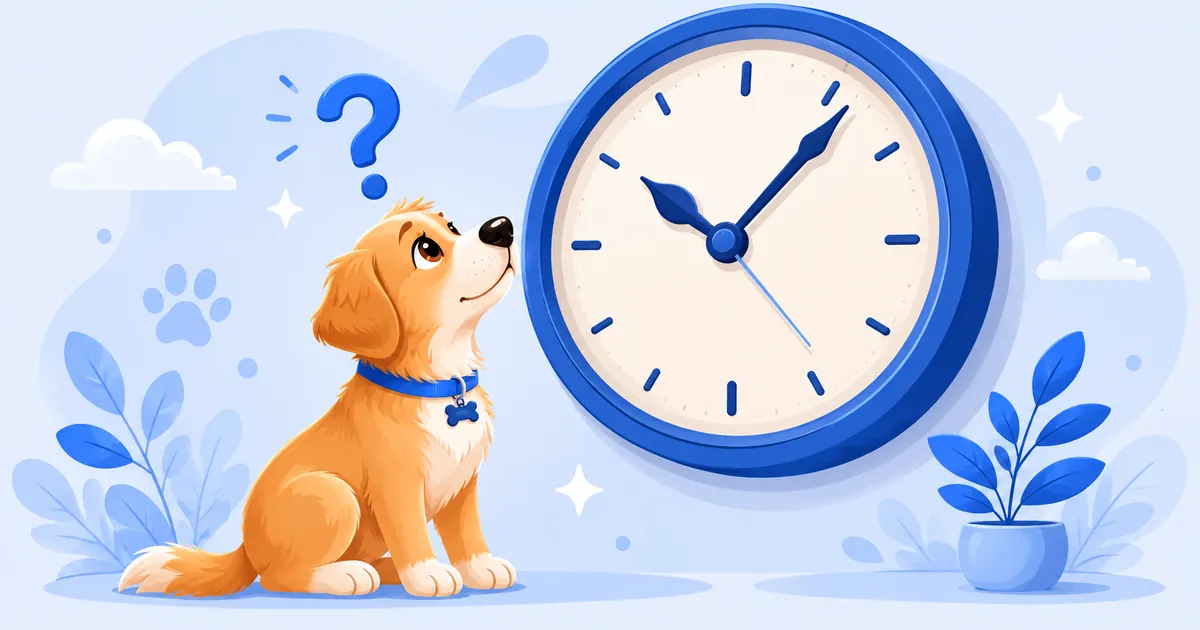 Illustration of a curious dog tilting its head at an oversized wall clock with a question mark