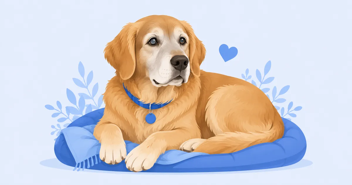 Illustration of a dignified senior dog with a grey muzzle resting calmly