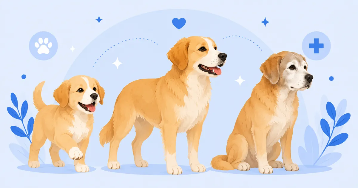 Illustration of the same dog at three ages: bouncy puppy, strong adult, and grey-muzzled senior
