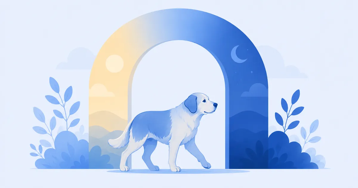Illustration of a mature dog walking through an archway that shifts from bright to deeper tones