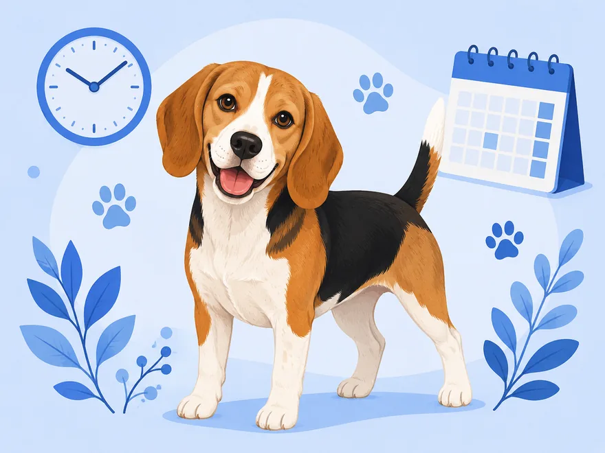 Flat illustration of a Beagle beside a wall clock, calendar, and paw prints