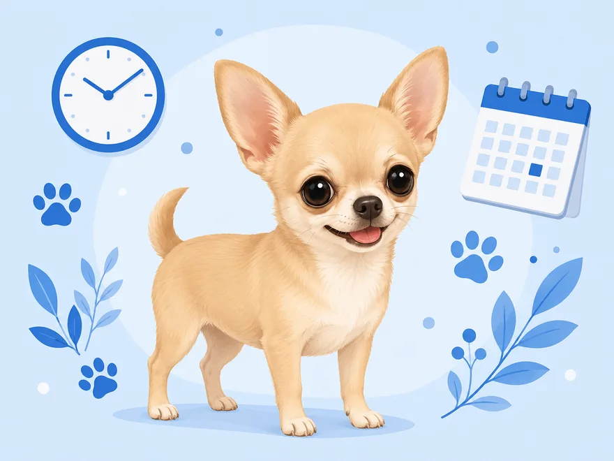 Flat illustration of a Chihuahua beside a wall clock, calendar, and paw prints