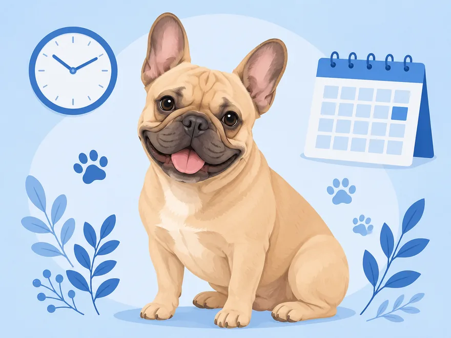 Flat illustration of a French Bulldog beside a wall clock, calendar, and paw prints
