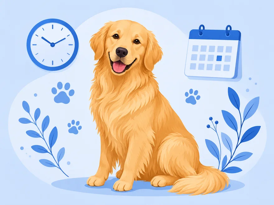 Flat illustration of a Golden Retriever beside a wall clock, calendar, and paw prints