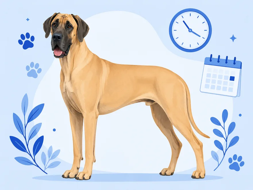 Flat illustration of a Great Dane beside a wall clock, calendar, and paw prints