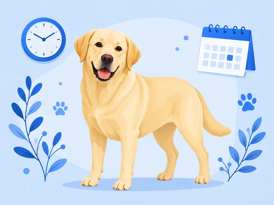 Flat illustration of a Labrador Retriever beside a wall clock, calendar, and paw prints