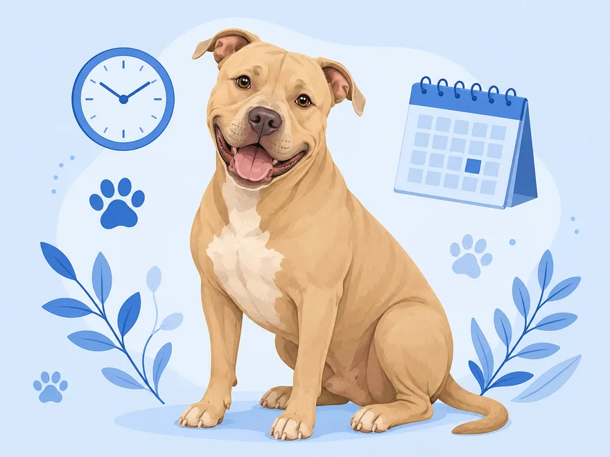 Flat illustration of a Pit Bull beside a wall clock, calendar, and paw prints