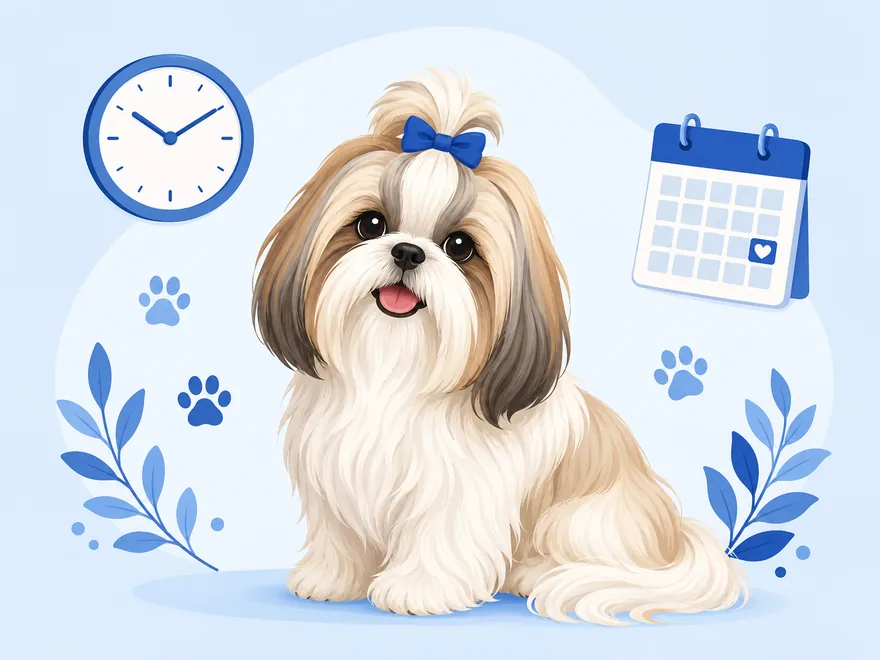 Flat illustration of a Shih Tzu beside a wall clock, calendar, and paw prints