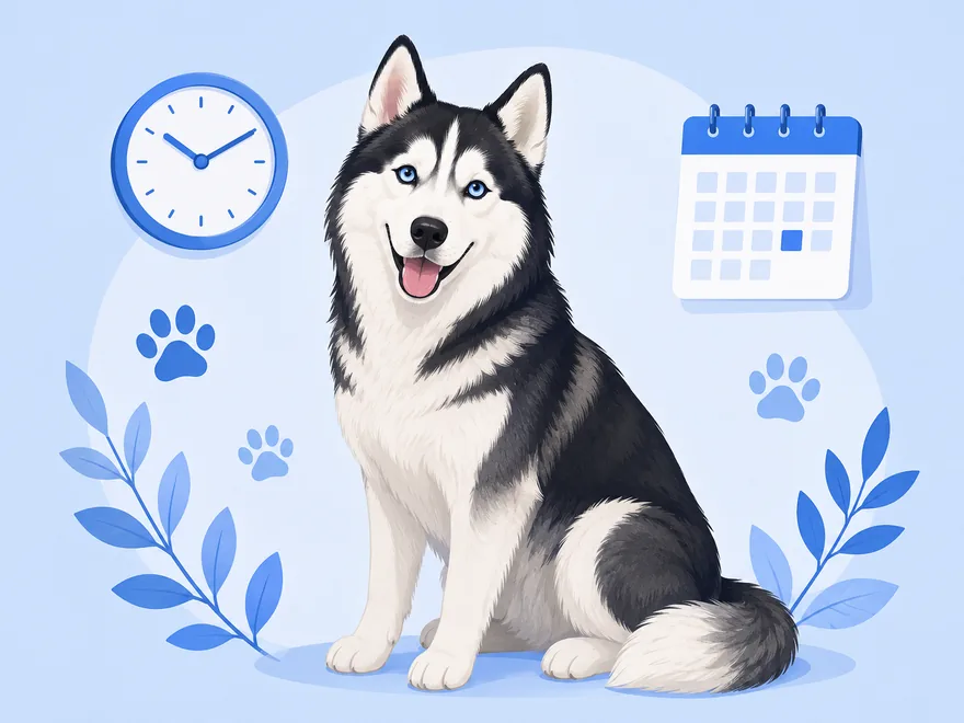 Flat illustration of a Siberian Husky beside a wall clock, calendar, and paw prints